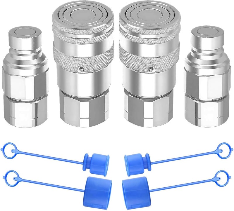 Cplbrb 1/2’’ NPT Flat Face Hydraulic Quick Connect Couplers/Couplings with Dust Caps, The Universal Bobcat Flat Face Quick Connect Fittings with with 1/2’’ Body ISO 16028 Standard-2Set - Image 1
